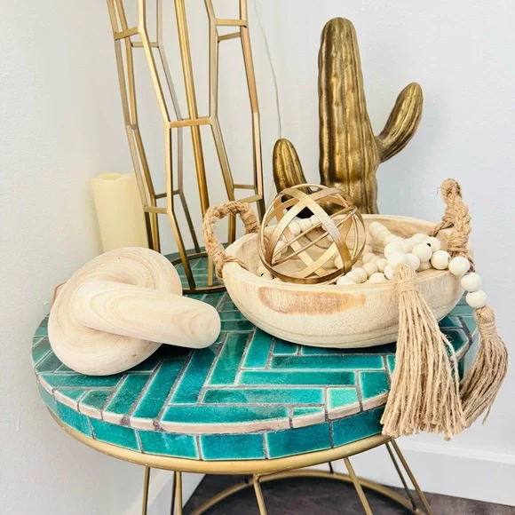 NEW POTTERY BARN White Cream Tan Wood Decor Low Bowl Knot Beads Chain Sphere - Picture 2 of 16